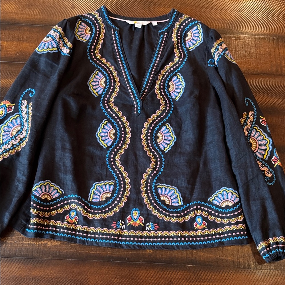 Boden Charcoal Black Linen Top with Multicolor Embroidered Trim